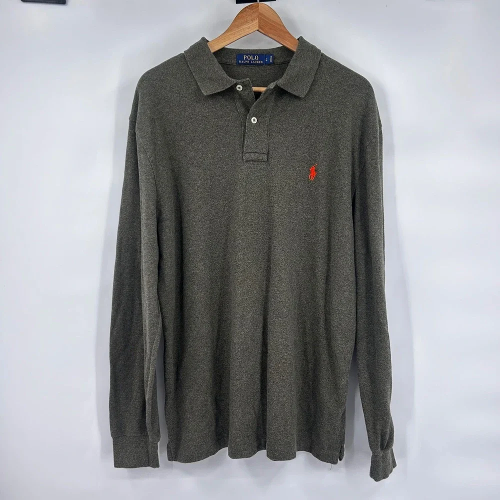 Polo Ralph Lauren Long Sleeve Polo Shirt Green Orange Pony Logo Size‎ L